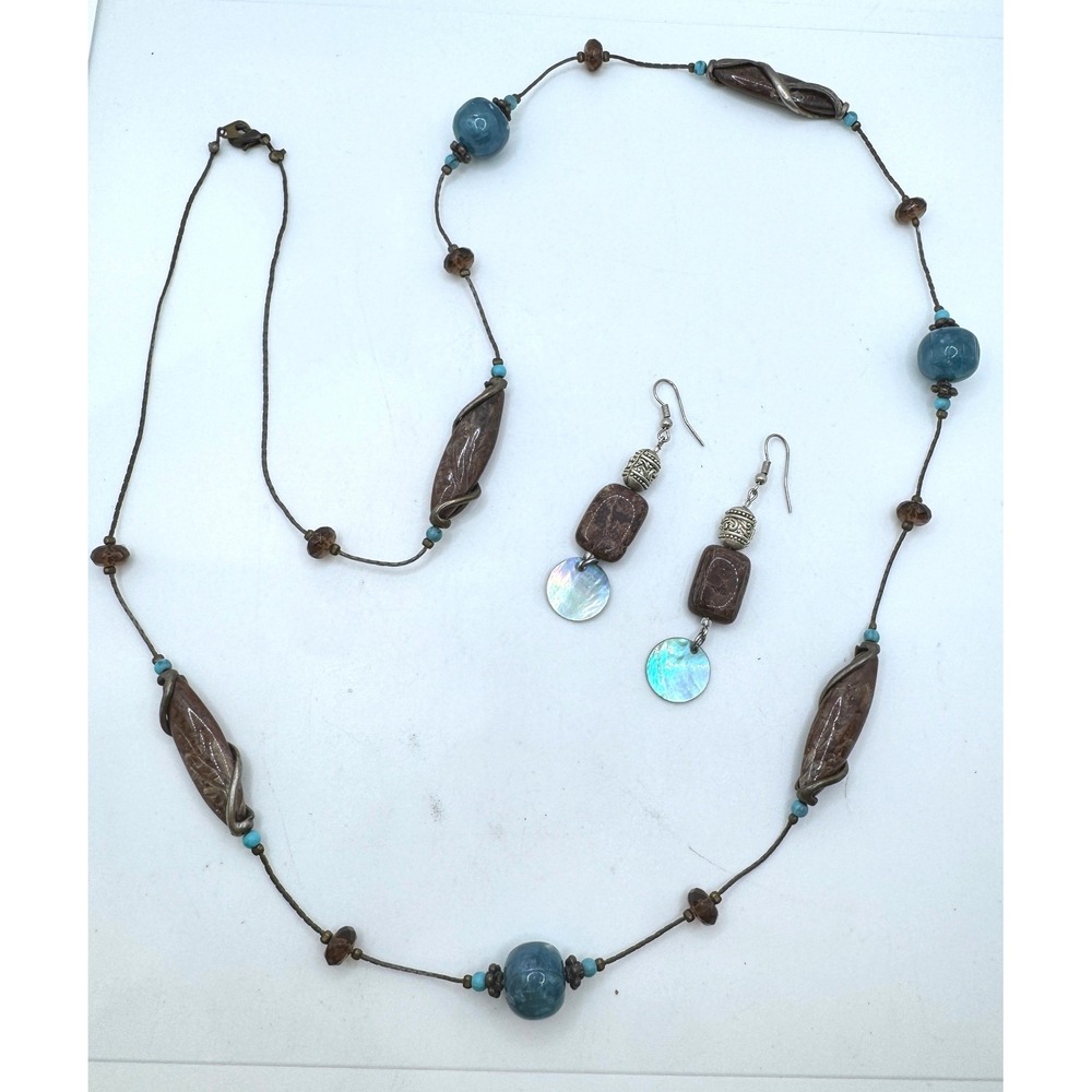 Boho Mixed Stone Abalone Shell Station Necklace and Drop Earring Jewelry Set